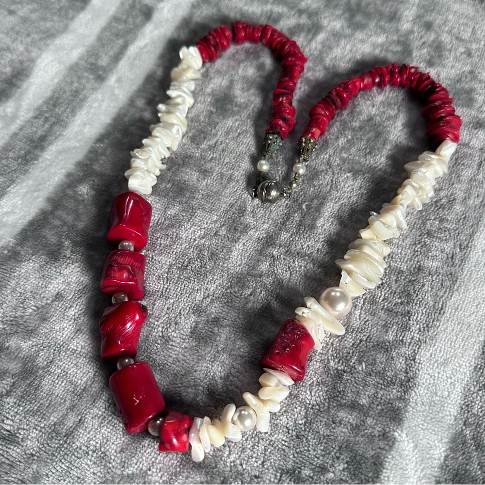 Chucky Statement Necklace 26” Long Red Coral Shells Pearls Magnetic Clasp - Picture 2 of 15
